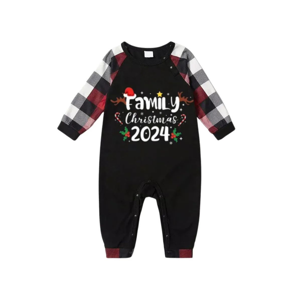 "FAMILY CHRISTMAS 2024" Text And Santa Hat & Snowflake Printed Pattern - Black Top with Red&Black&White Plaid Sleeves - Family Matching Pajamas