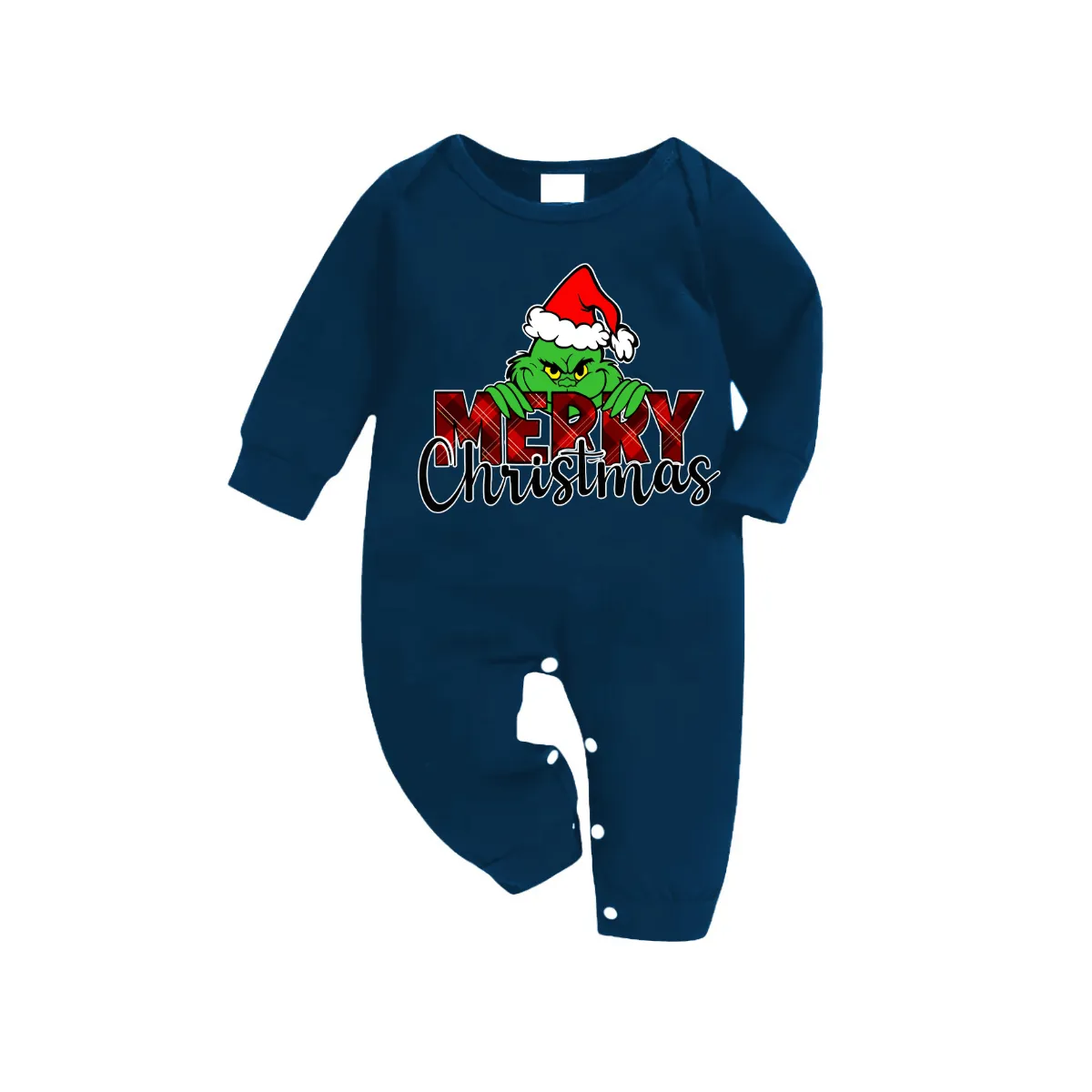 "Merry Christmas" Letter Print 2024 Green Elf Cartoon Pattern Blue Long Sleeve Top With Blue Plaid Family Matching Pajamas