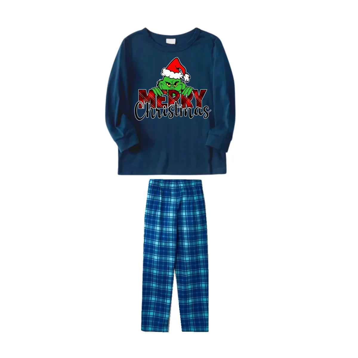 "Merry Christmas" Letter Print 2024 Green Elf Cartoon Pattern Blue Long Sleeve Top With Blue Plaid Family Matching Pajamas