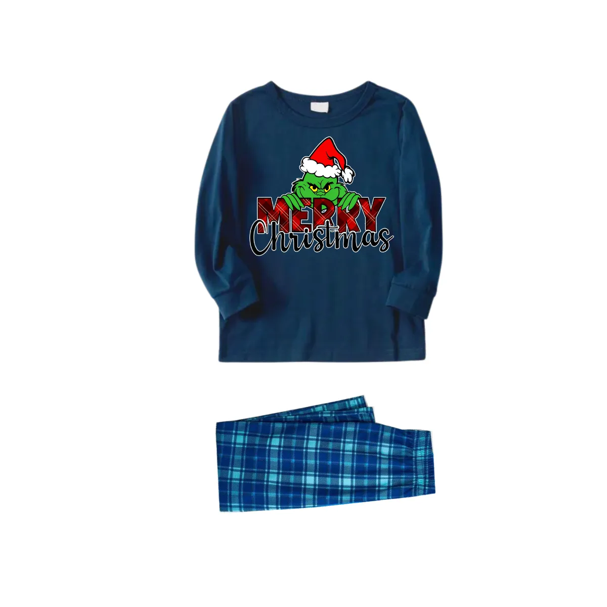 "Merry Christmas" Letter Print 2024 Green Elf Cartoon Pattern Blue Long Sleeve Top With Blue Plaid Family Matching Pajamas