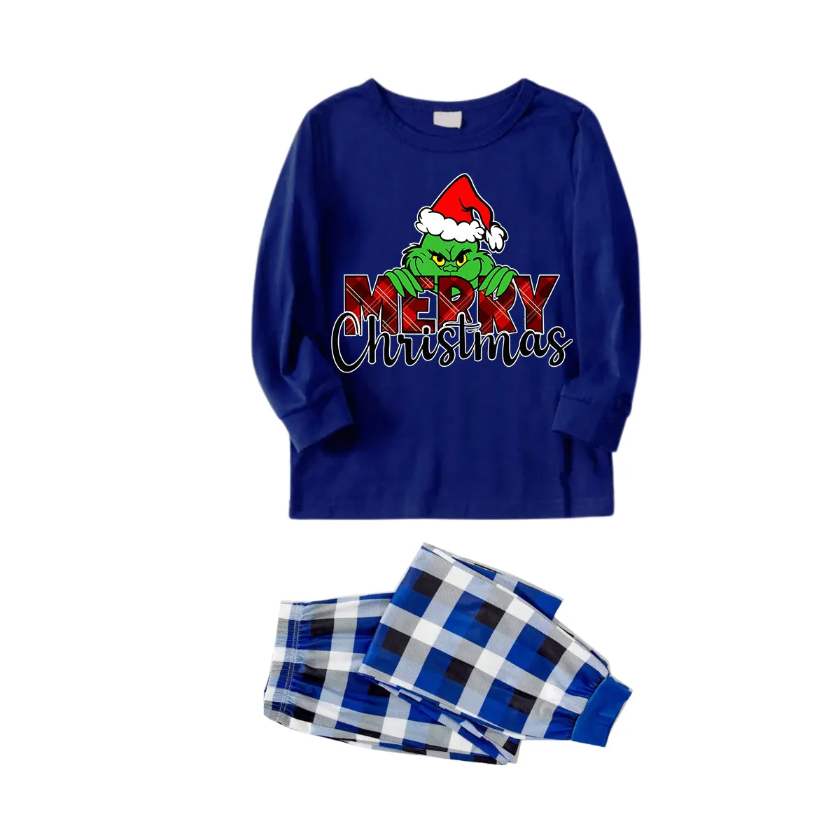 "Merry Christmas" Letter Print 2024 Green Elf Cartoon Pattern Contrast Navy Blue Long Sleeve with Blue and White Plaid Pants Family Matching Pajamas