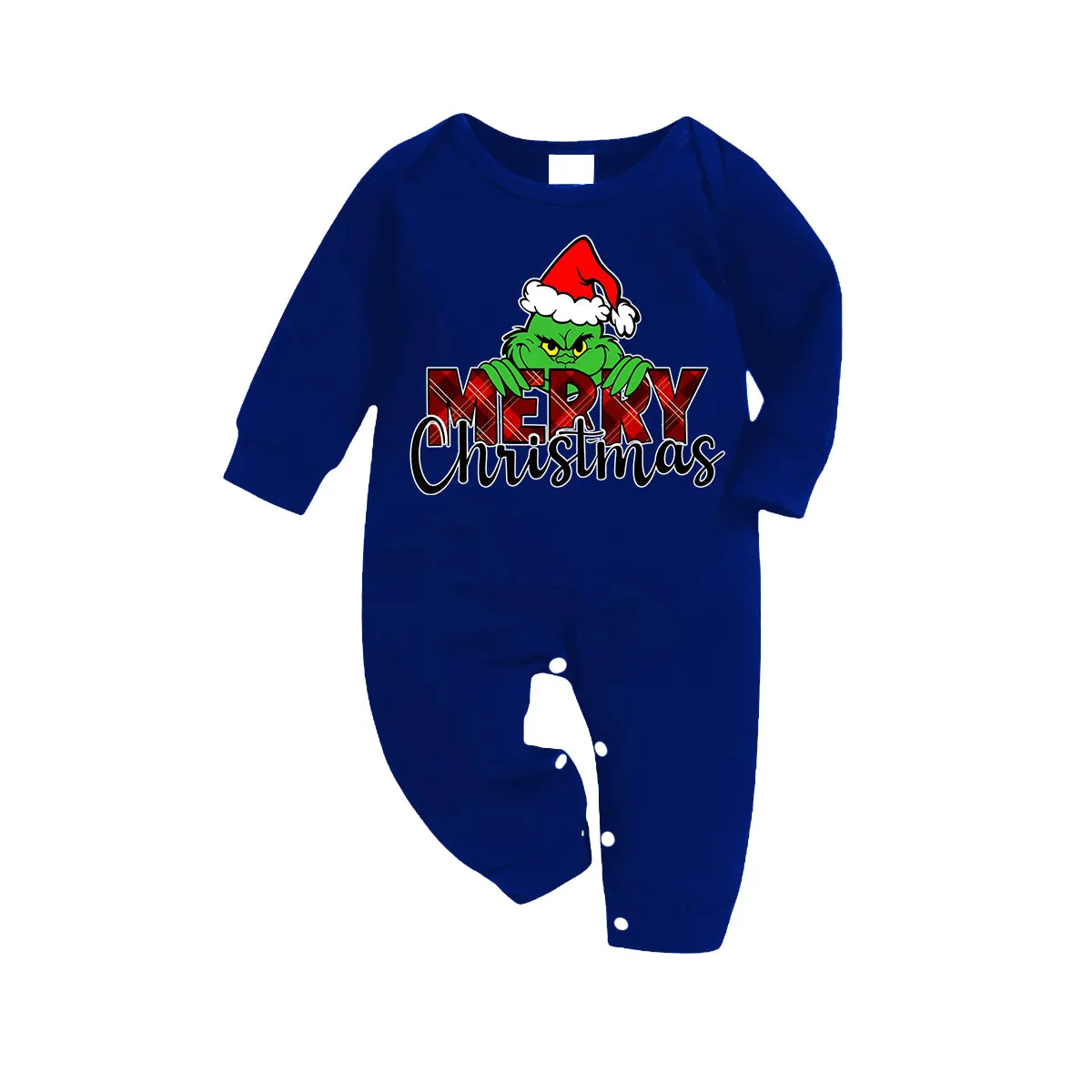 "Merry Christmas" Letter Print 2024 Green Elf Cartoon Pattern Contrast Navy Blue Long Sleeve with Blue and White Plaid Pants Family Matching Pajamas