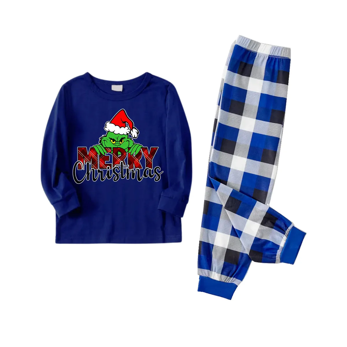 "Merry Christmas" Letter Print 2024 Green Elf Cartoon Pattern Contrast Navy Blue Long Sleeve with Blue and White Plaid Pants Family Matching Pajamas