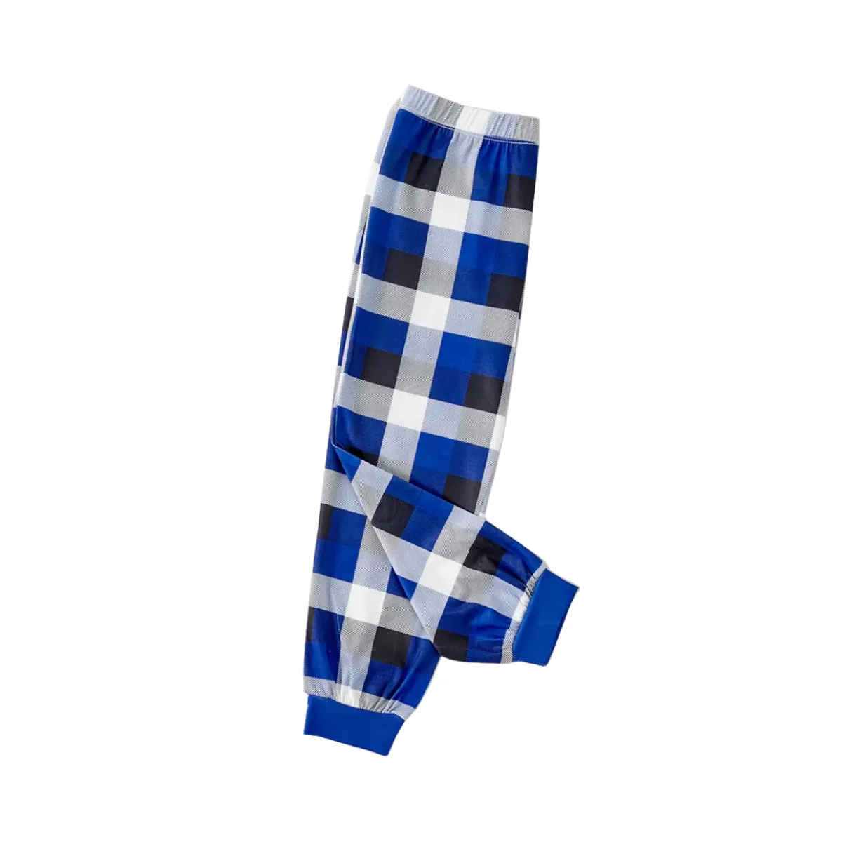 "Merry Christmas" Letter Print 2024 Green Elf Cartoon Pattern Contrast Navy Blue Long Sleeve with Blue and White Plaid Pants Family Matching Pajamas