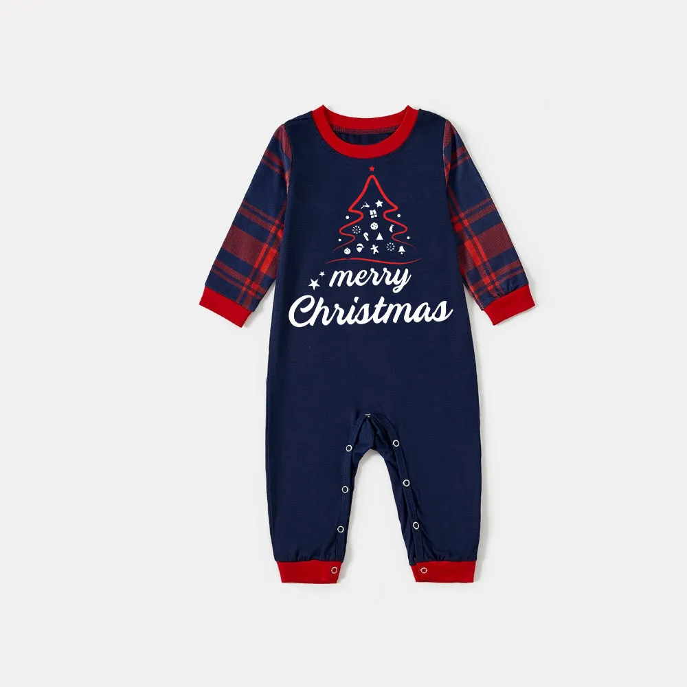 Red Christmas Tree Stick Figure - Blue Long Sleeve Top with Blue & Red Plaid Family Matching Pajamas