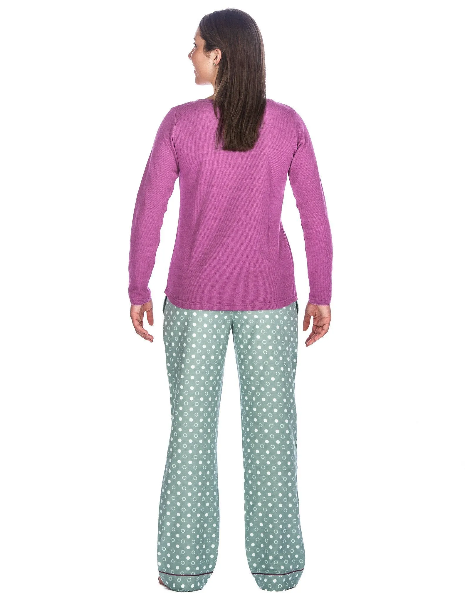 Relaxed Fit Womens Cotton Flannel Lounge Set with Crew Neck Top - Polka Circles Green