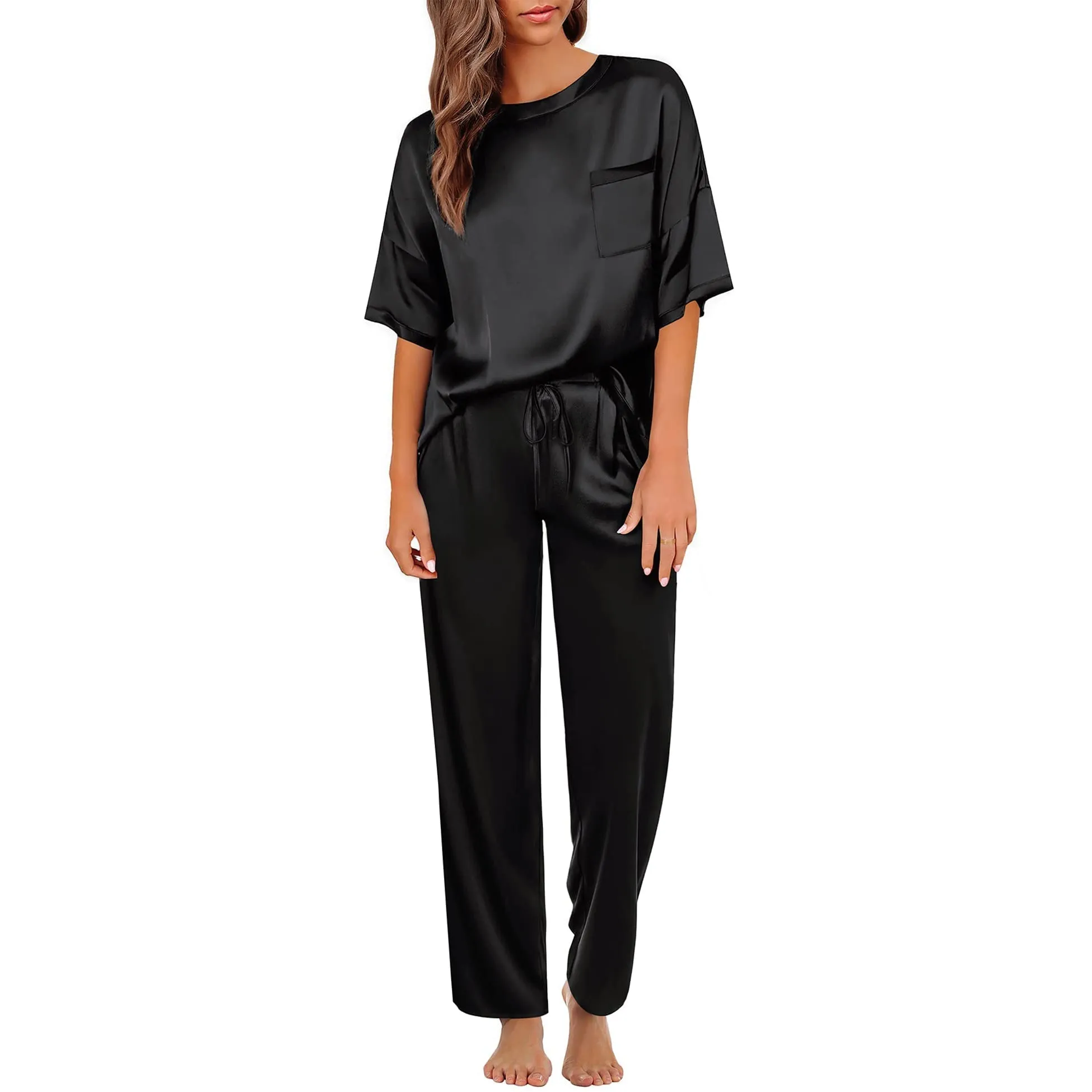 Round Neck Women's Silk Pajamas Set Silk Sleepwear