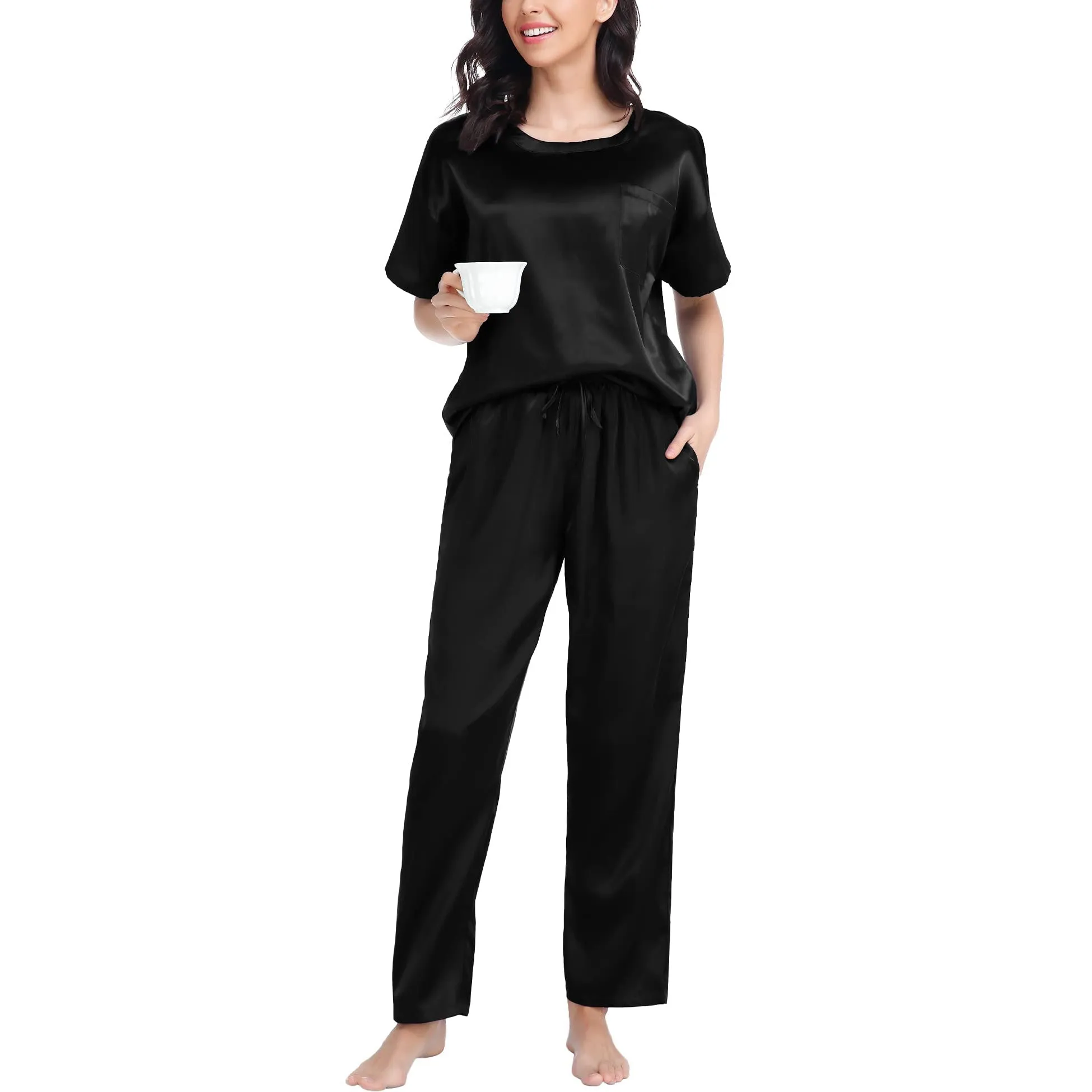 Round Neck Women's Silk Pajamas Set Silk Sleepwear