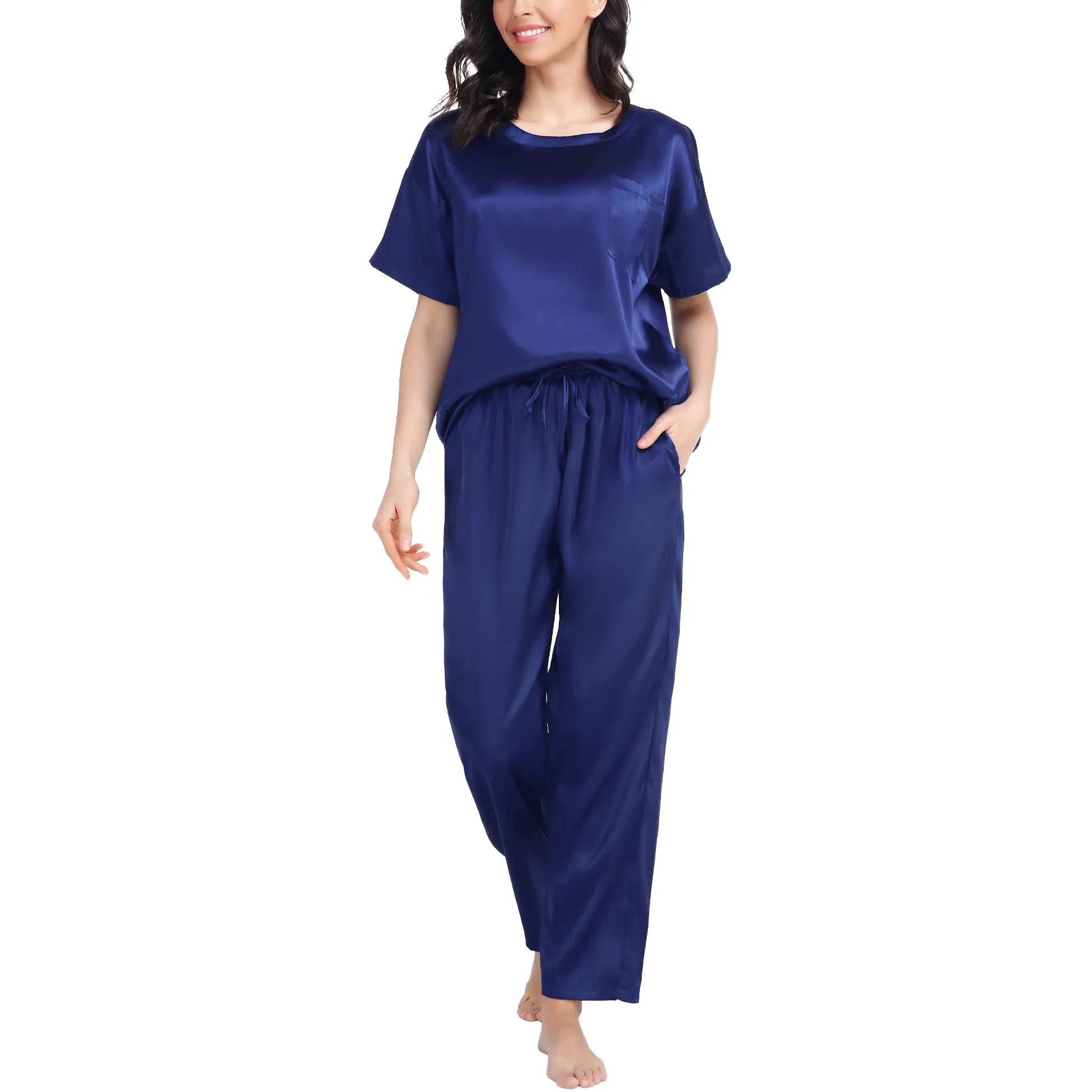 Round Neck Women's Silk Pajamas Set Silk Sleepwear