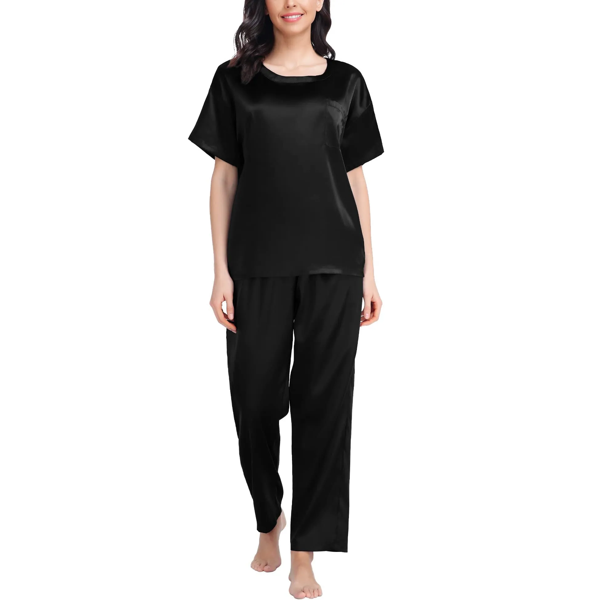 Round Neck Women's Silk Pajamas Set Silk Sleepwear