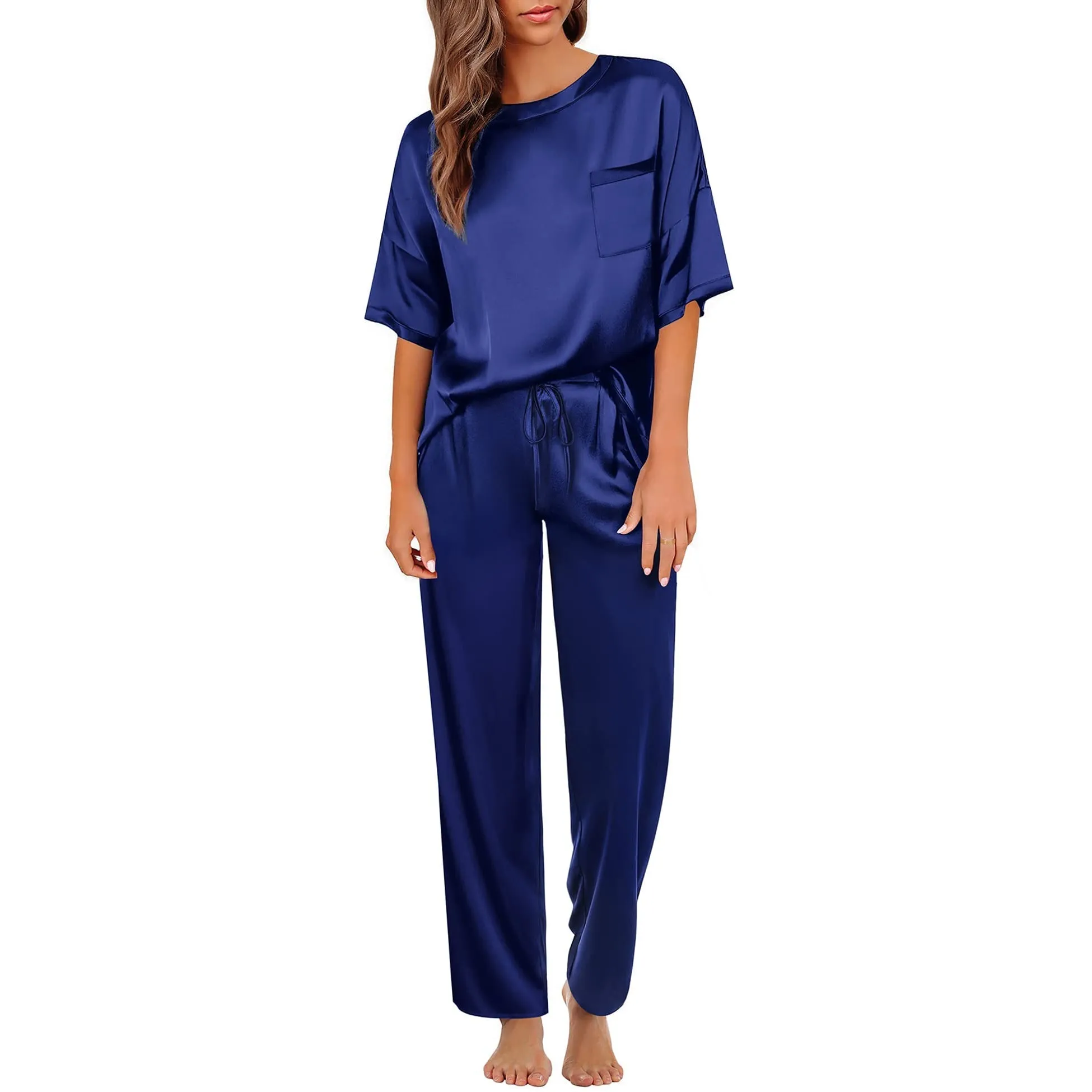 Round Neck Women's Silk Pajamas Set Silk Sleepwear
