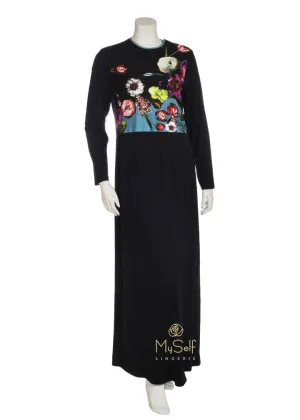 S5791 Black Nursing Nightgown with Floral Design