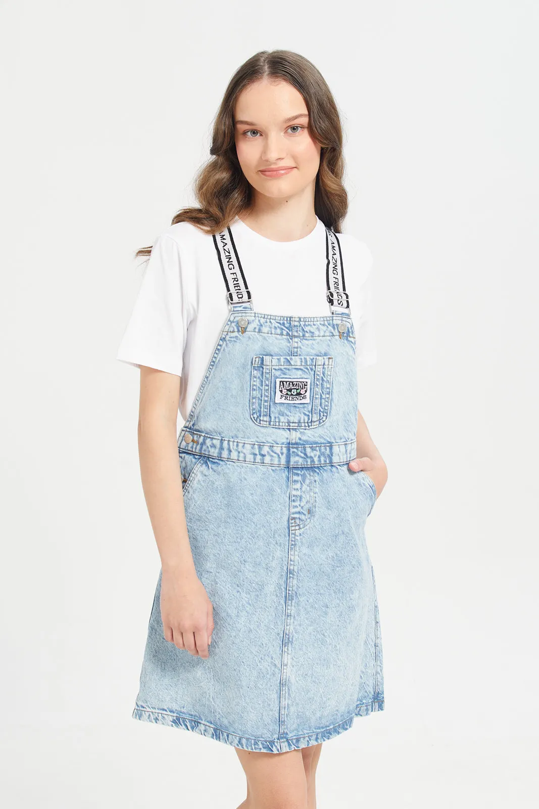 Senior Girls White And Blue Denim Dungaree With T-Shirt (2 Piece)