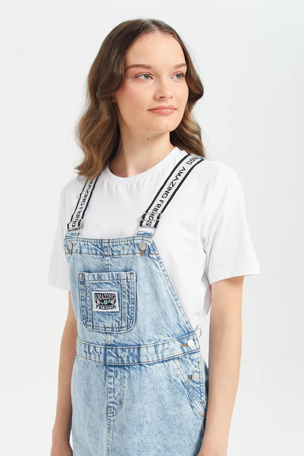Senior Girls White And Blue Denim Dungaree With T-Shirt (2 Piece)