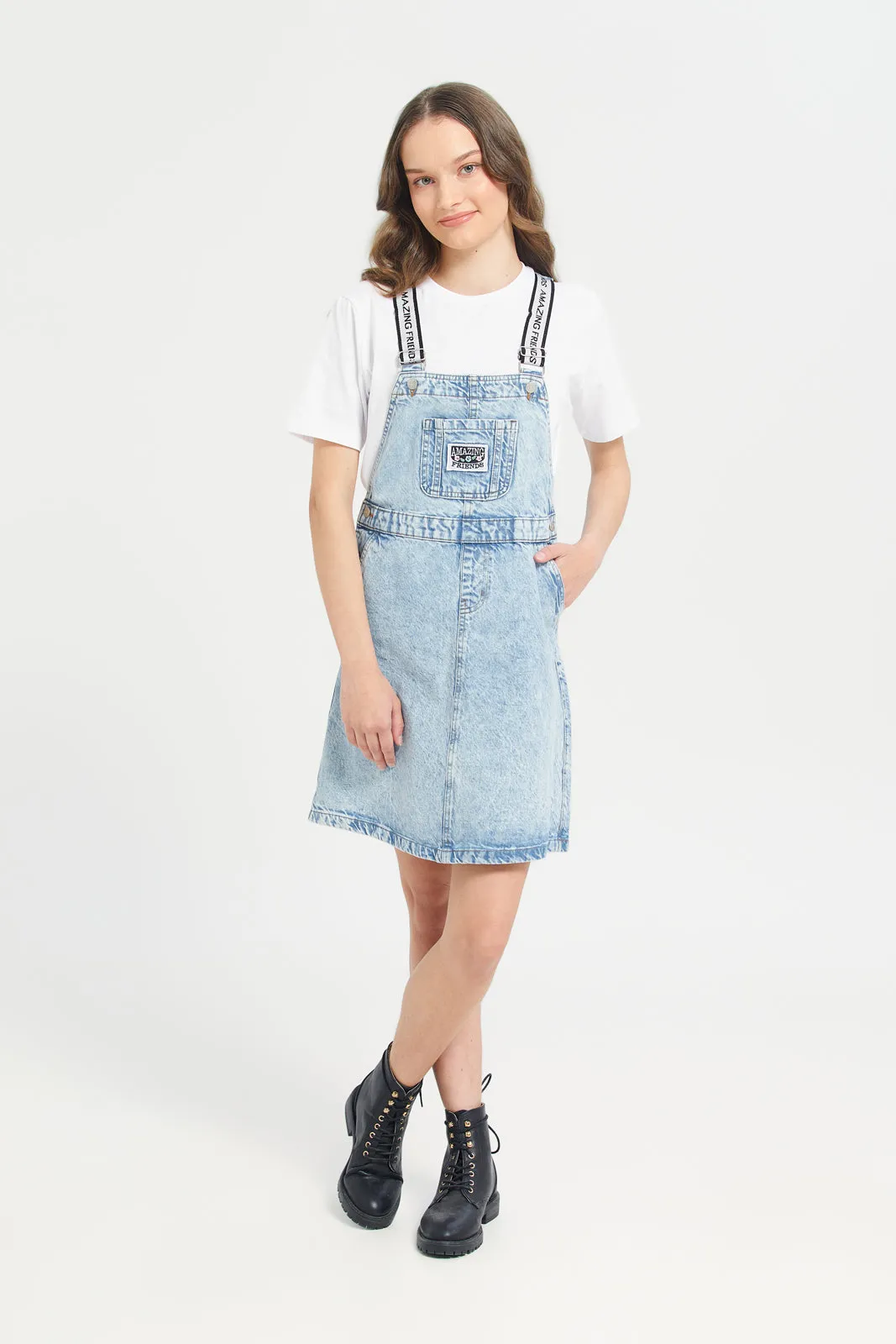 Senior Girls White And Blue Denim Dungaree With T-Shirt (2 Piece)
