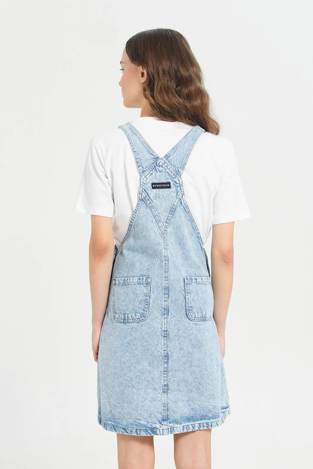 Senior Girls White And Blue Denim Dungaree With T-Shirt (2 Piece)