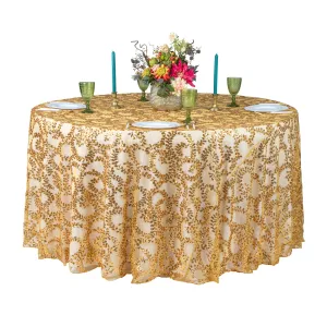 Sequin Vine Tablecloth Overlay 120" Round  - Gold