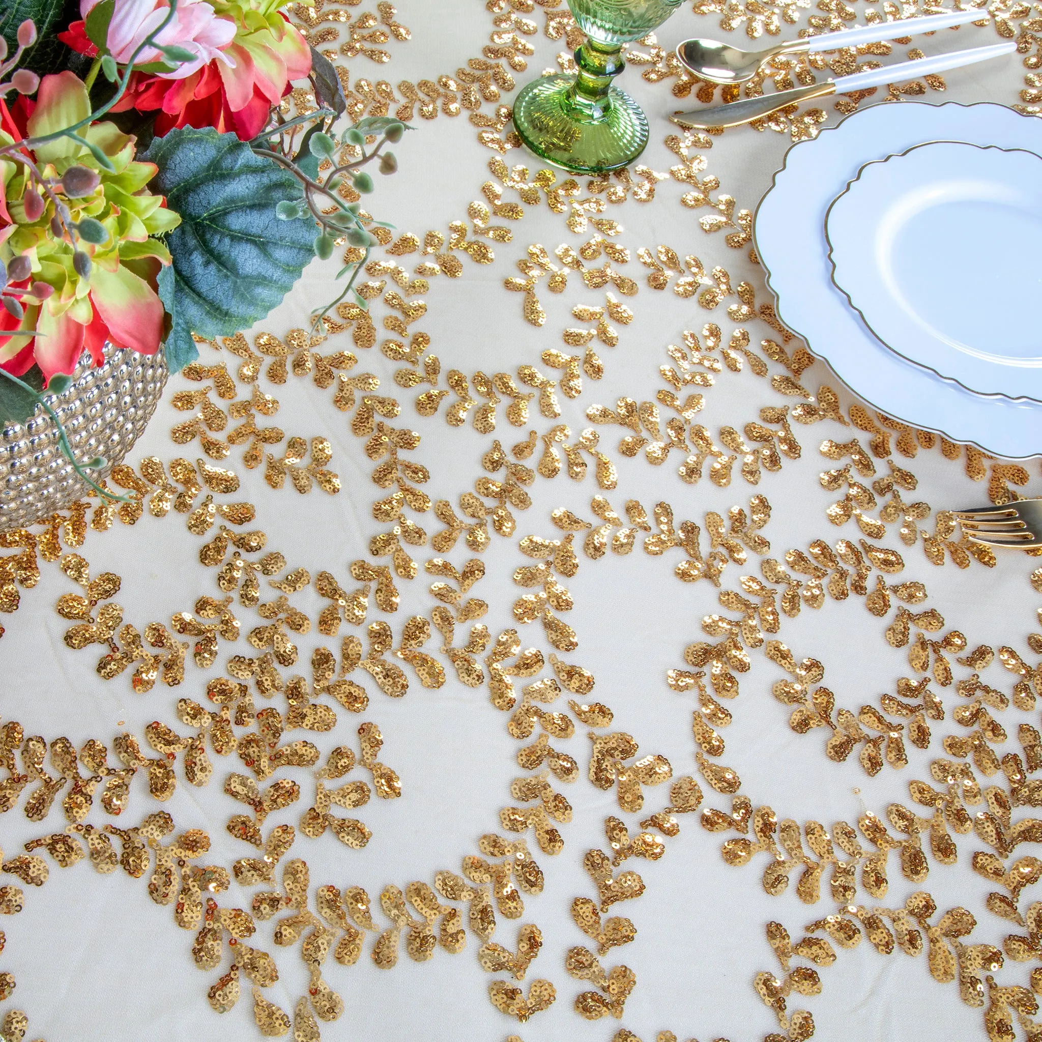 Sequin Vine Tablecloth Overlay 120" Round  - Gold