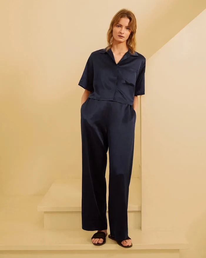 Short Sleeve Silk Pajamas Navy Blue