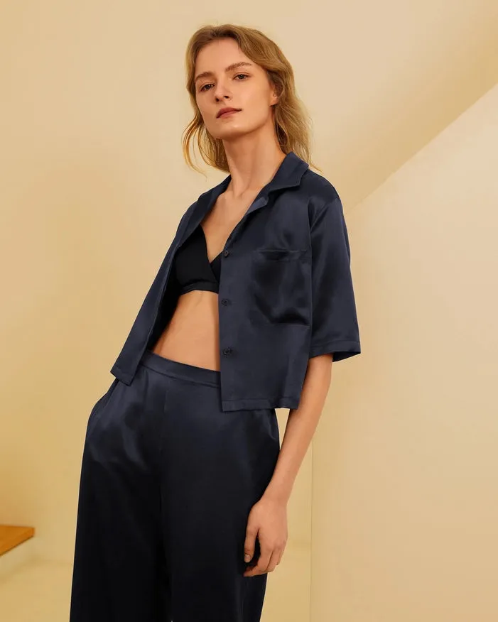 Short Sleeve Silk Pajamas Navy Blue