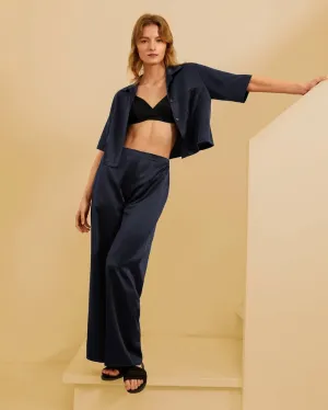 Short Sleeve Silk Pajamas Navy Blue
