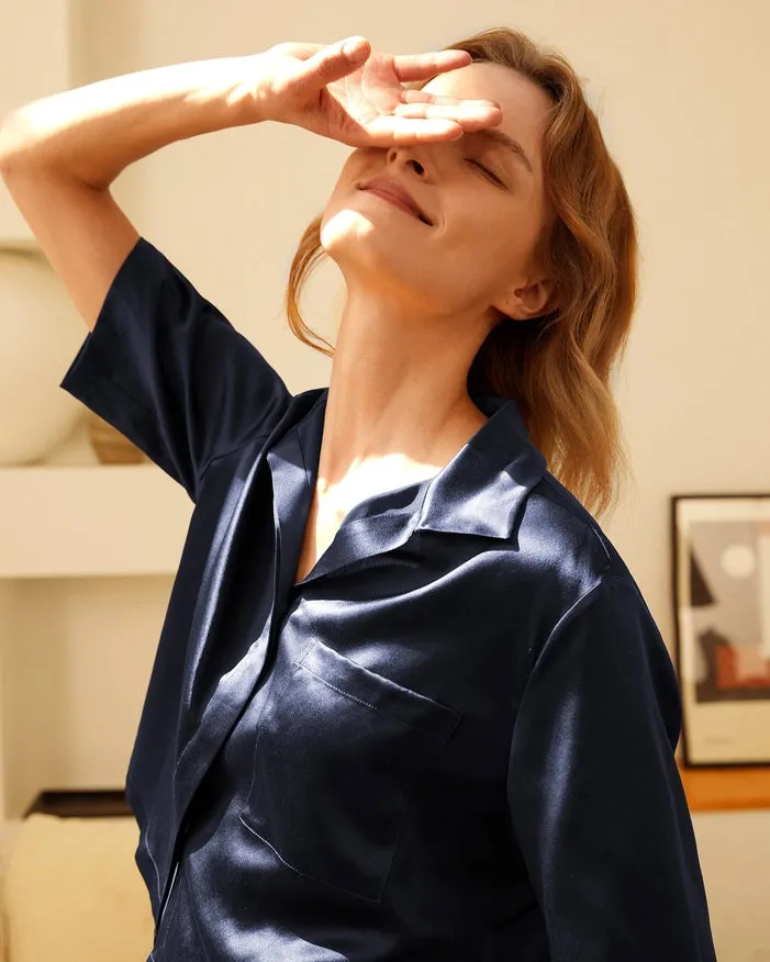 Short Sleeve Silk Pajamas Navy Blue