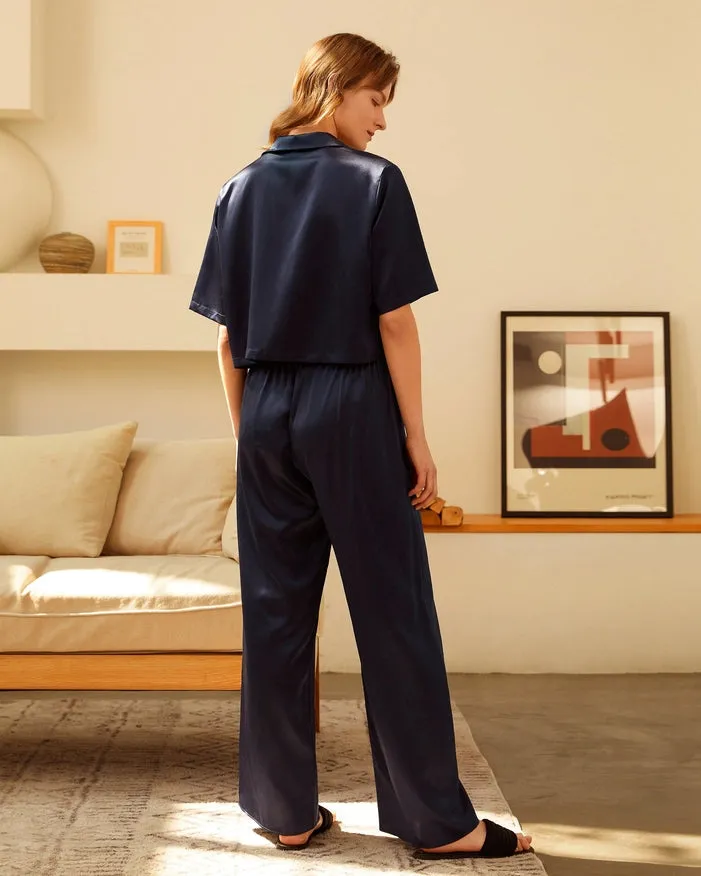 Short Sleeve Silk Pajamas Navy Blue