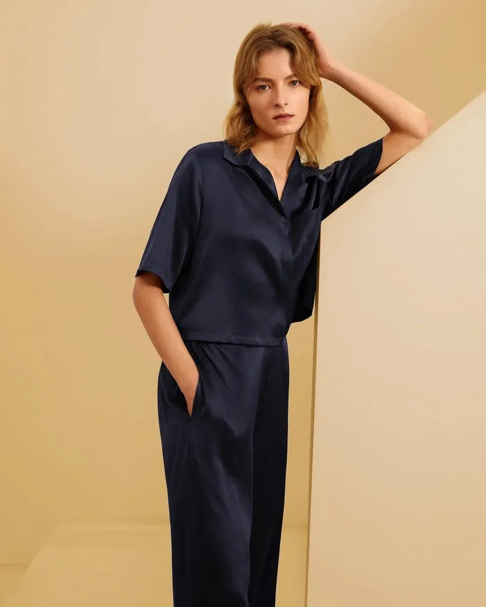 Short Sleeve Silk Pajamas Navy Blue