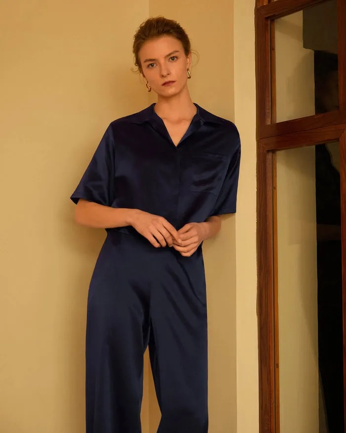 Short Sleeve Silk Pajamas Navy Blue