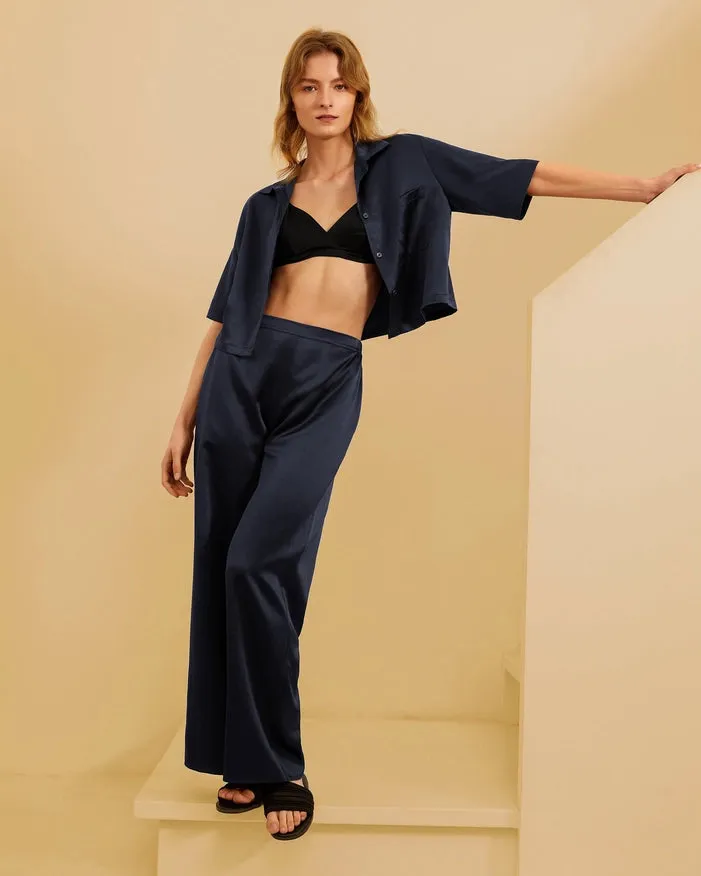 Short Sleeve Silk Pajamas Navy Blue