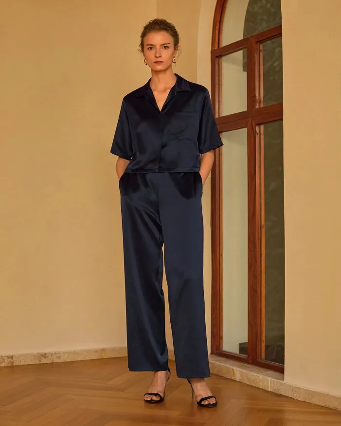 Short Sleeve Silk Pajamas Navy Blue