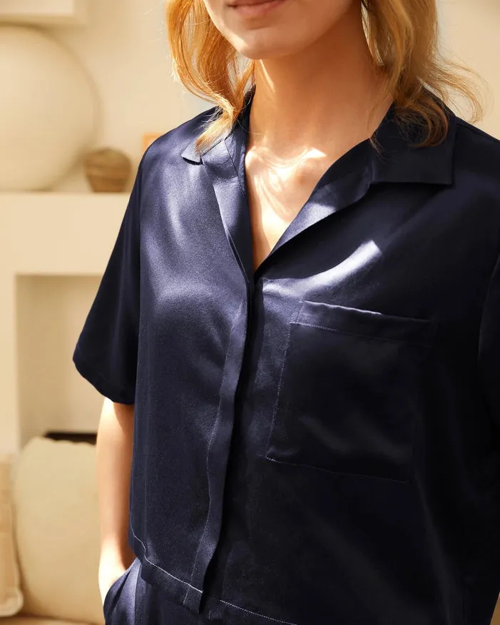 Short Sleeve Silk Pajamas Navy Blue