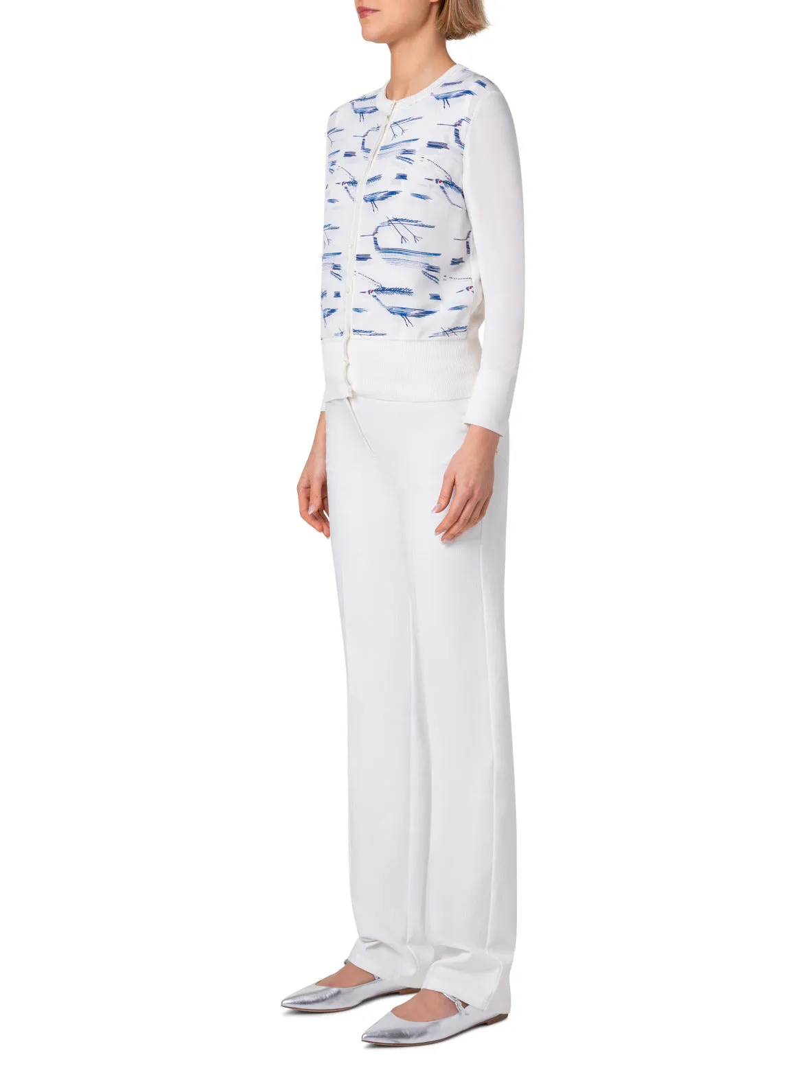 Silk Knit Cardigan with Kasuri Birds Print