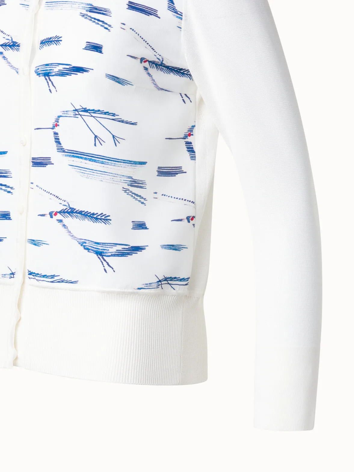 Silk Knit Cardigan with Kasuri Birds Print