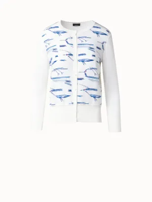 Silk Knit Cardigan with Kasuri Birds Print