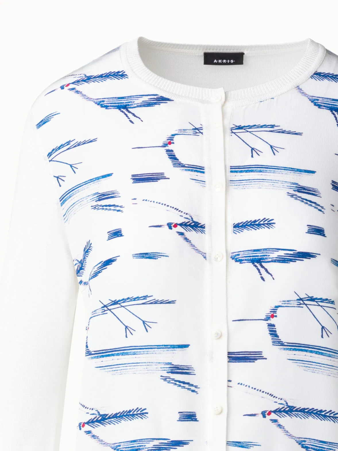 Silk Knit Cardigan with Kasuri Birds Print