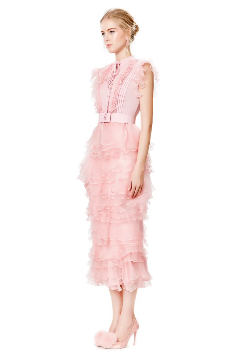Silk Ruffles Tiered Midi Dress