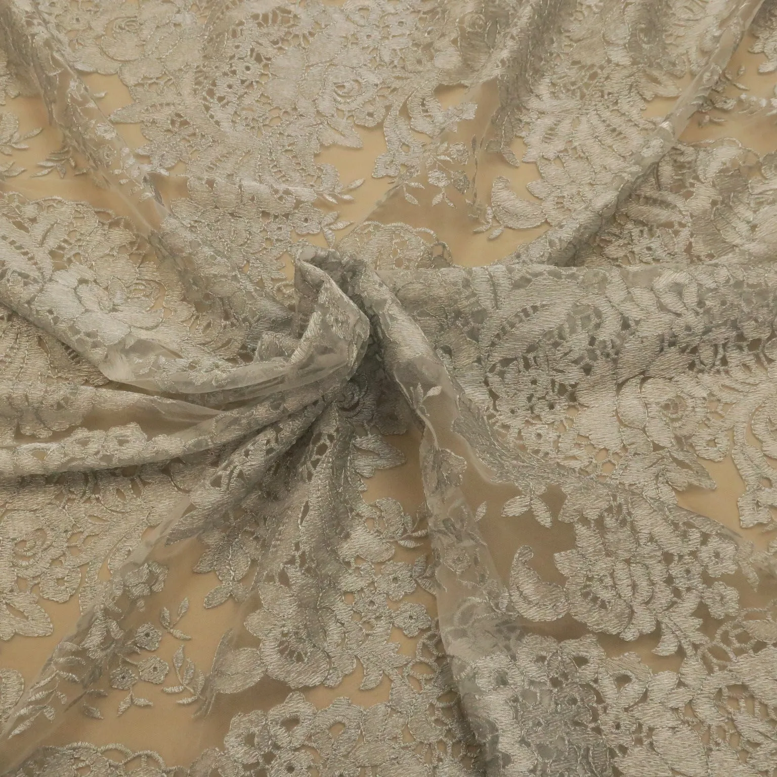 Silver Floral Corded with Lurex Thread Double Scalloped Embroidered Tulle Fabric