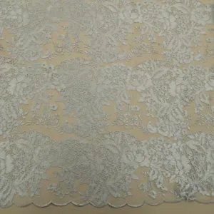Silver Floral Corded with Lurex Thread Double Scalloped Embroidered Tulle Fabric