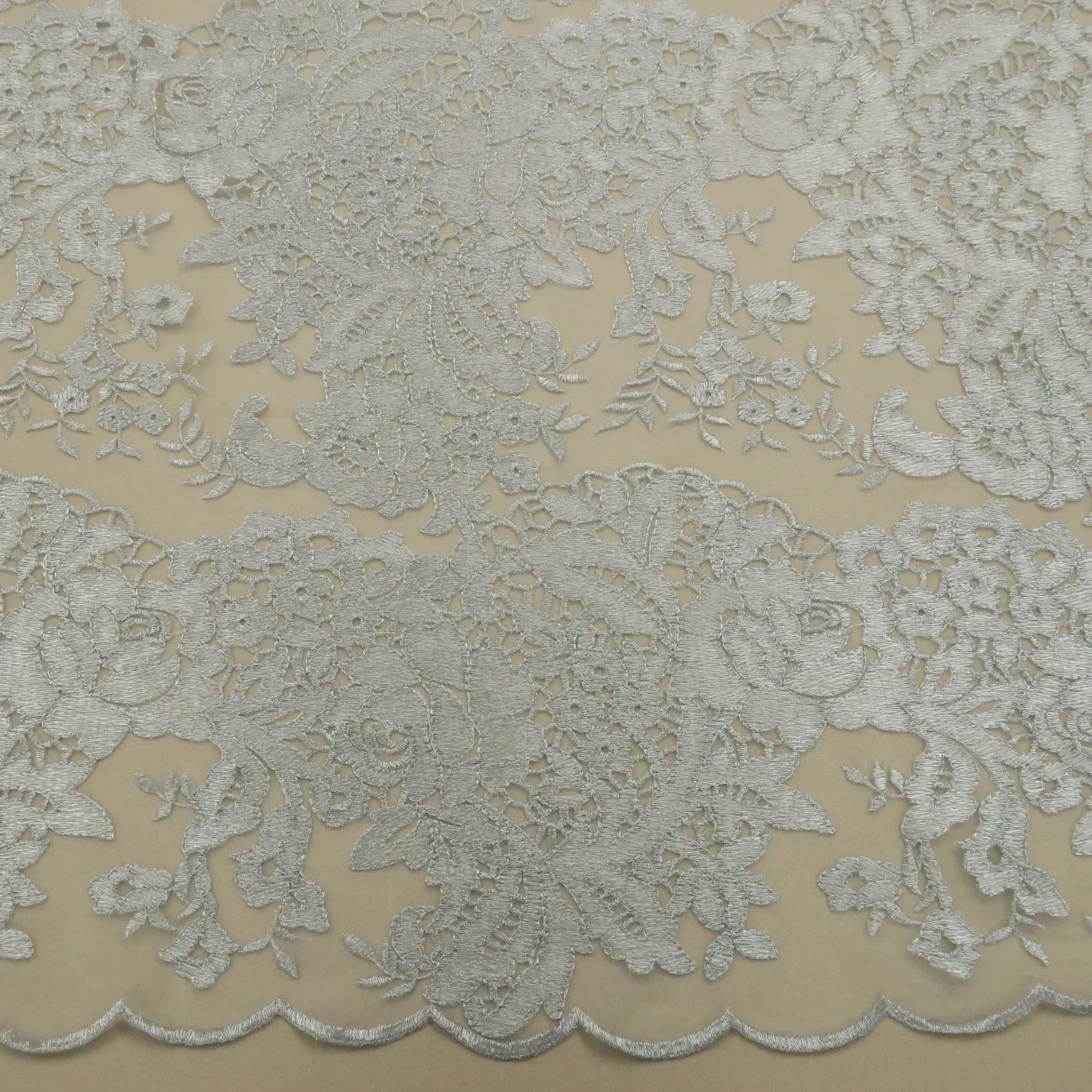Silver Floral Corded with Lurex Thread Double Scalloped Embroidered Tulle Fabric