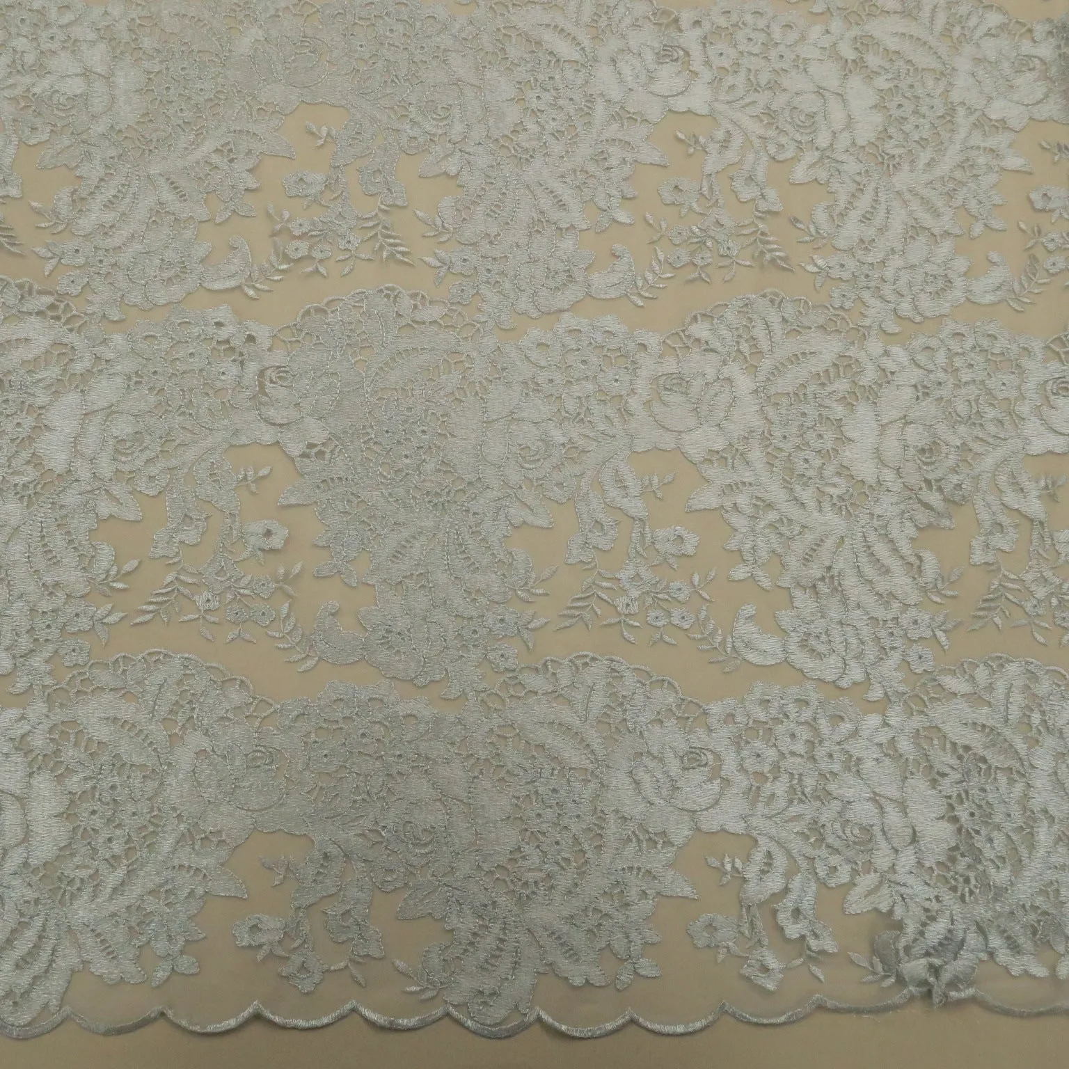 Silver Floral Corded with Lurex Thread Double Scalloped Embroidered Tulle Fabric