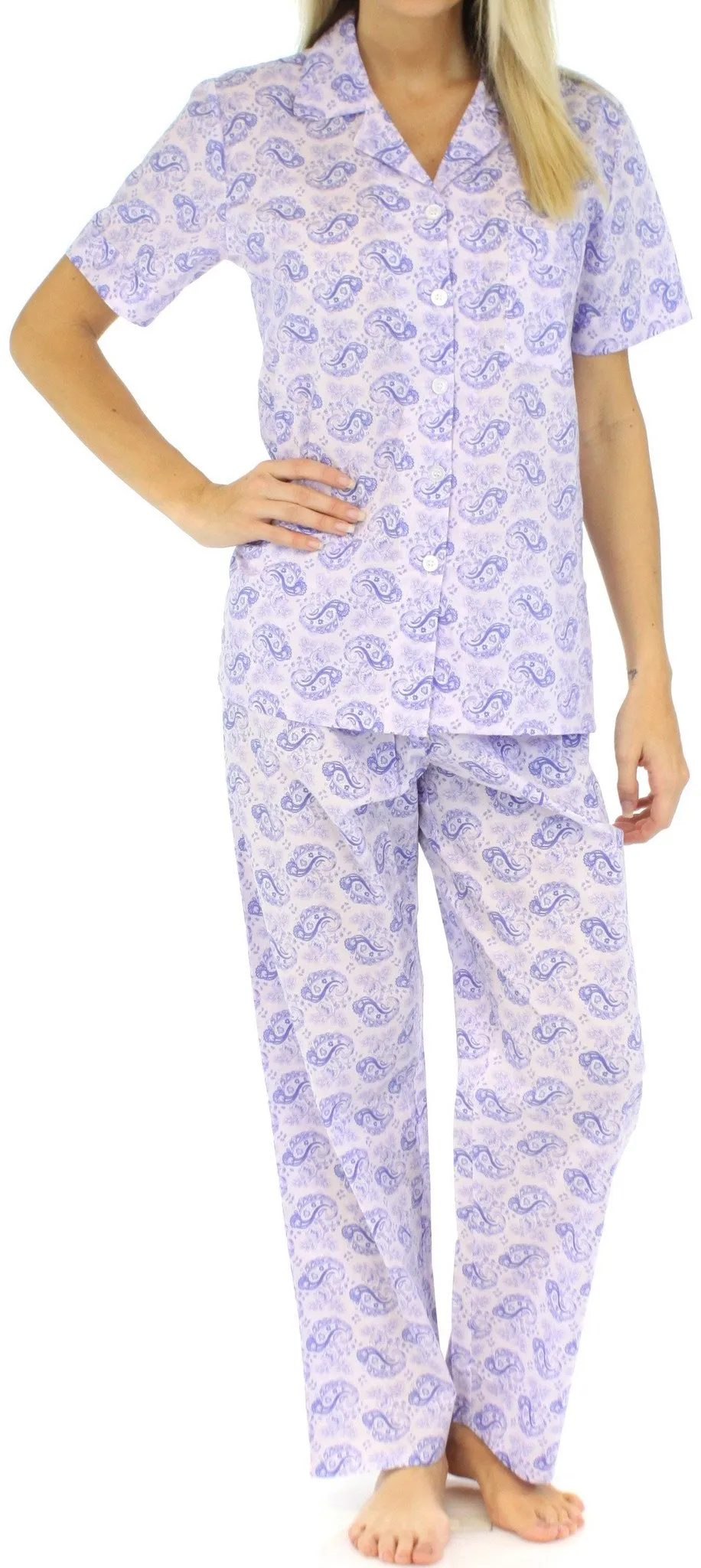 Sleepyheads Women's Poplin Cotton Short Sleeve Button Up Top and Pants Pajama Set