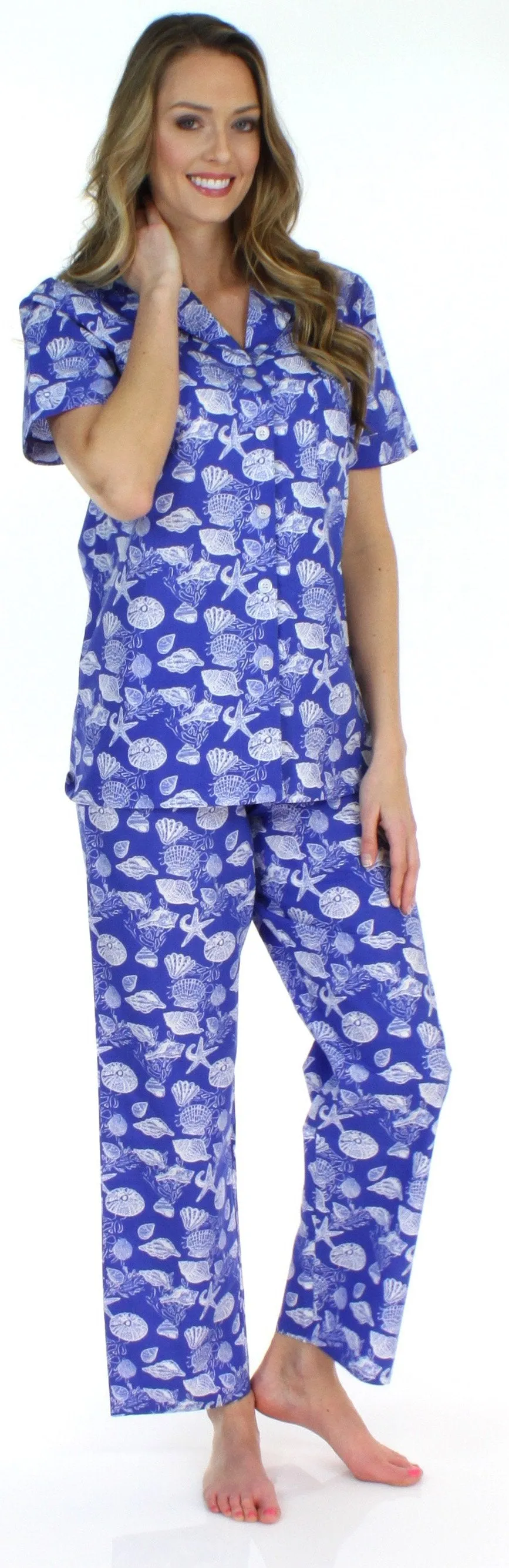 Sleepyheads Women's Poplin Cotton Short Sleeve Button Up Top and Pants Pajama Set