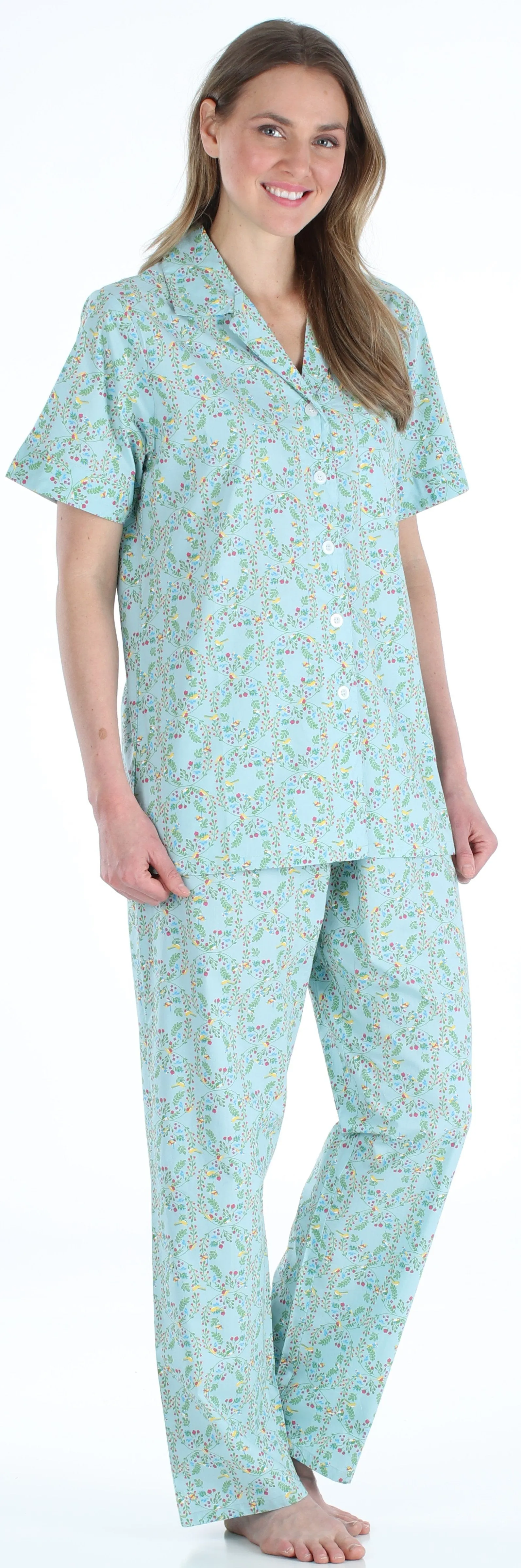 Sleepyheads Women's Poplin Cotton Short Sleeve Button Up Top and Pants Pajama Set