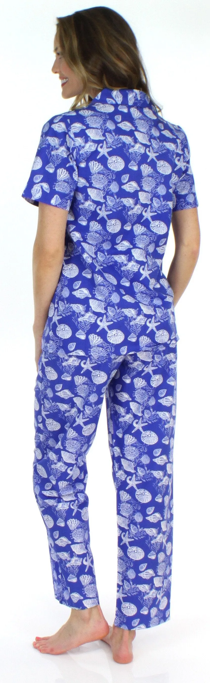 Sleepyheads Women's Poplin Cotton Short Sleeve Button Up Top and Pants Pajama Set