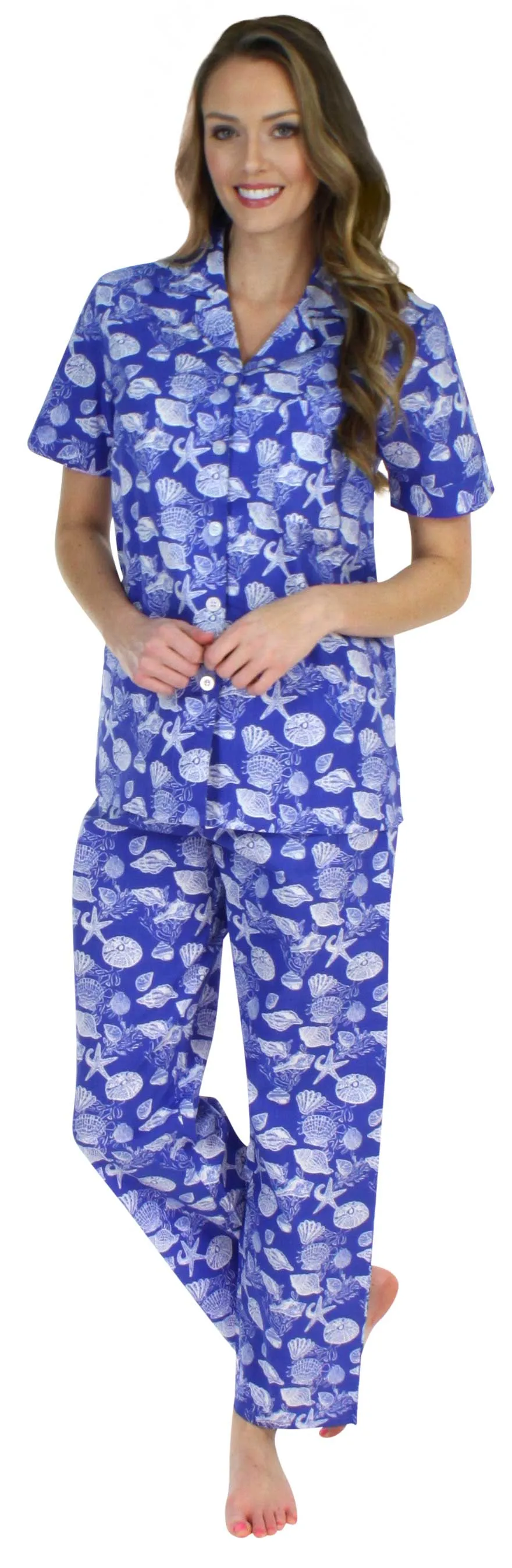 Sleepyheads Women's Poplin Cotton Short Sleeve Button Up Top and Pants Pajama Set