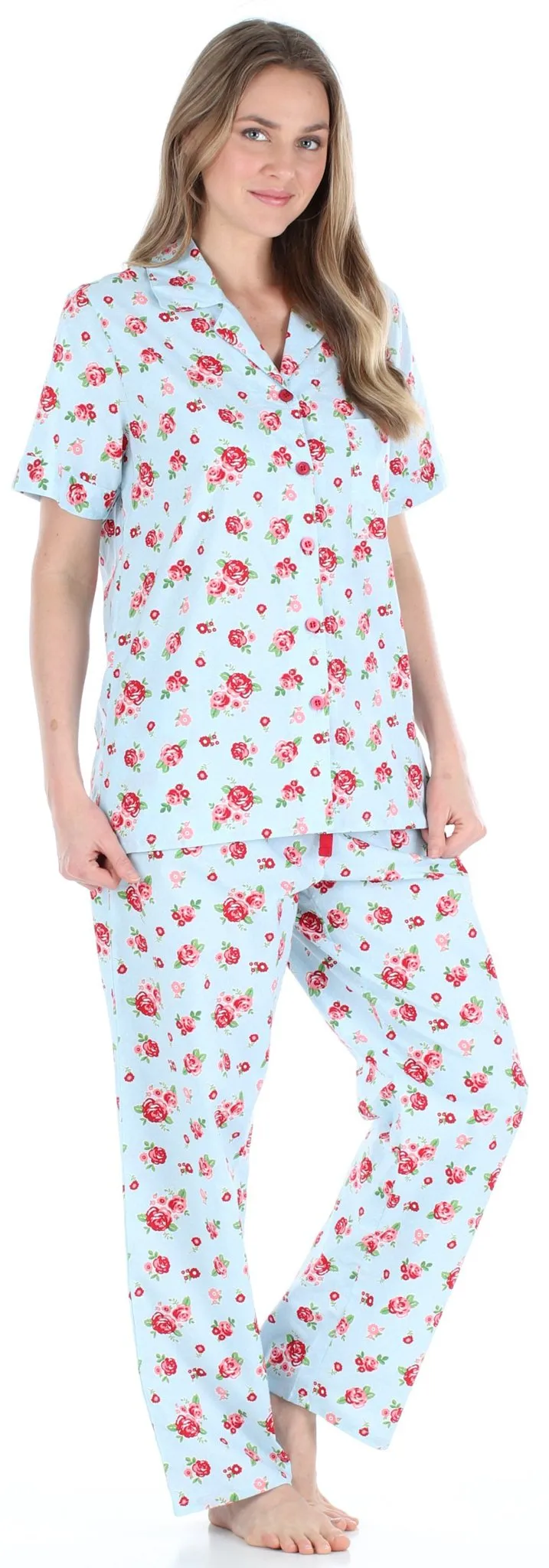 Sleepyheads Women's Poplin Cotton Short Sleeve Button Up Top and Pants Pajama Set