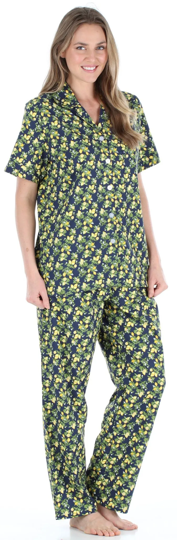 Sleepyheads Women's Poplin Cotton Short Sleeve Button Up Top and Pants Pajama Set