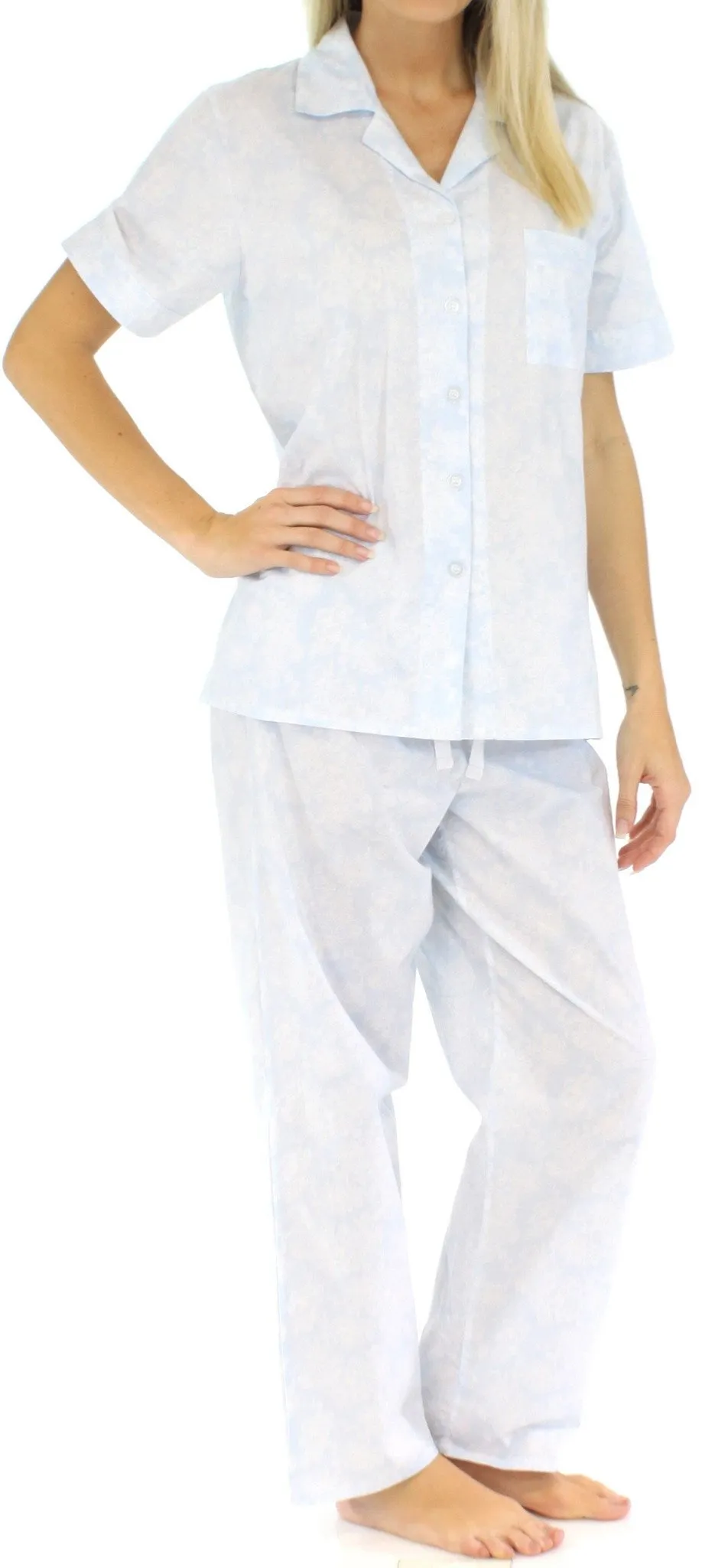 Sleepyheads Women's Poplin Cotton Short Sleeve Button Up Top and Pants Pajama Set