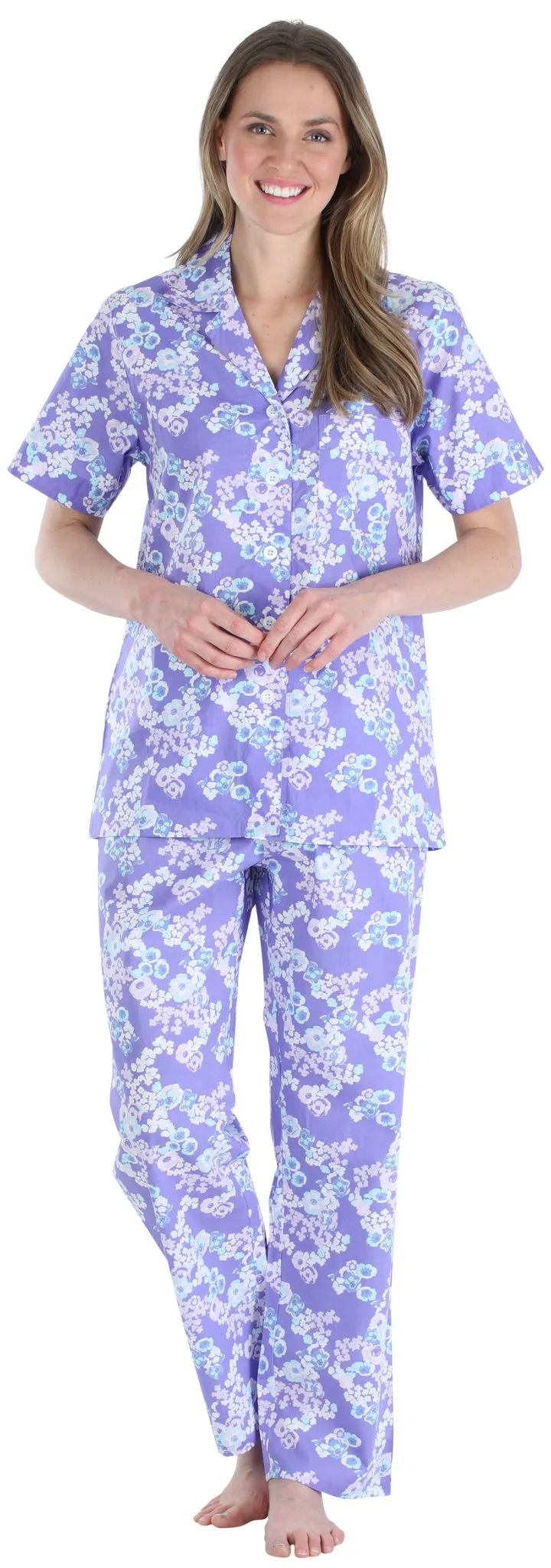Sleepyheads Women's Poplin Cotton Short Sleeve Button Up Top and Pants Pajama Set